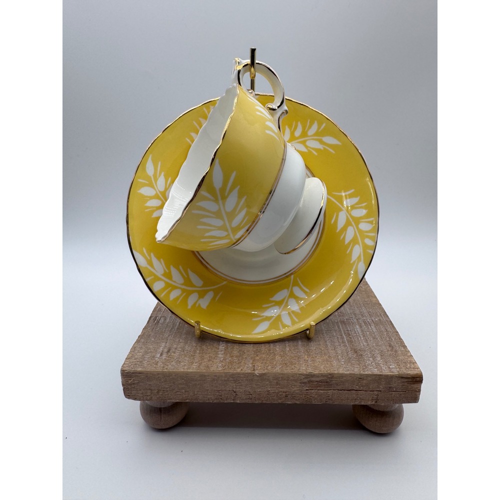 Cauldon England Bone China Teacup Saucer Set Yellow White Leaf Gold Gilt Vintage